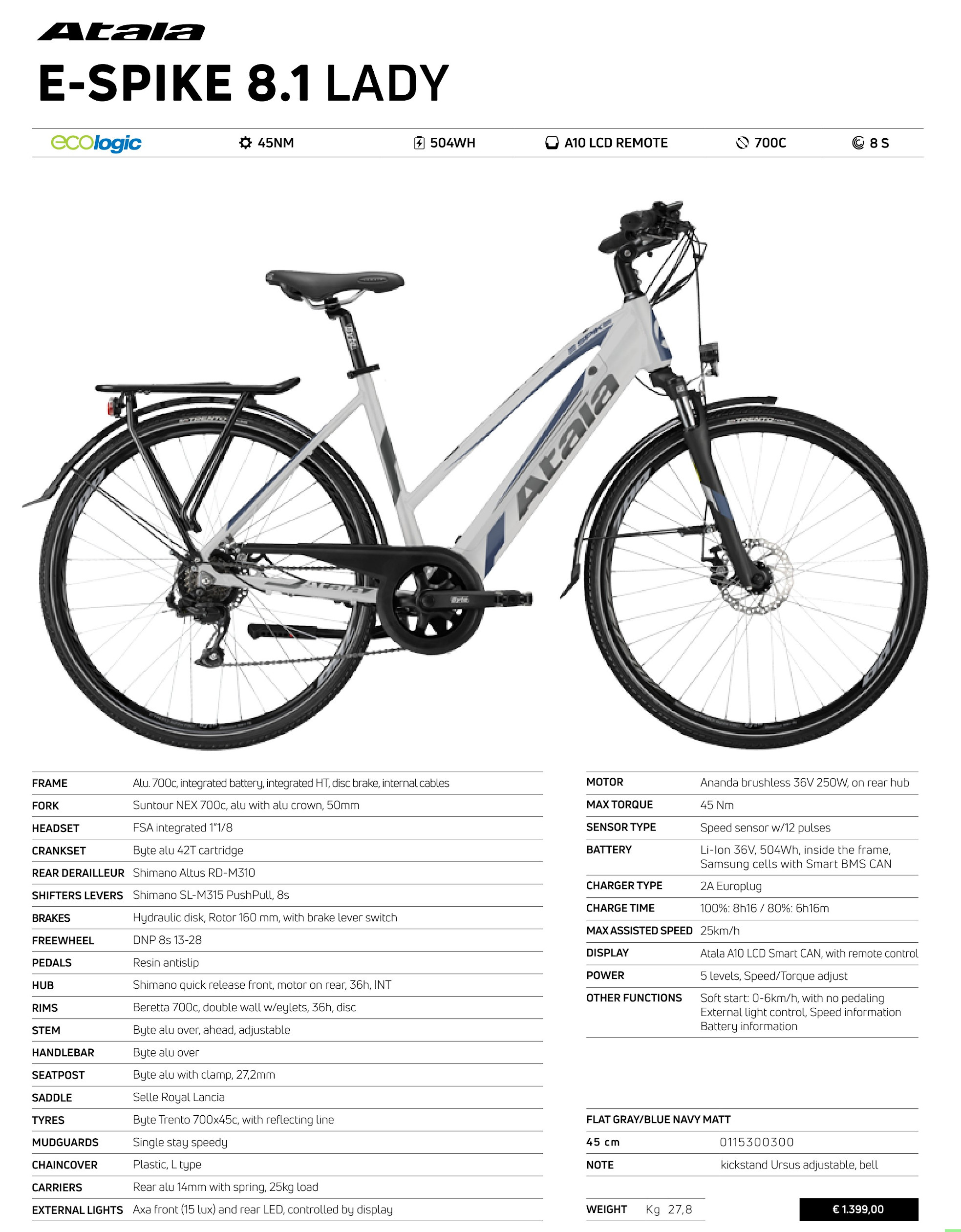 Pronta Consegna: ATALA E-SPIKE 8.1 LADY